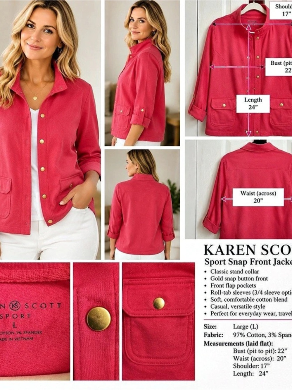 Karen Scott Sport Snap Front Jacket Pink Sport Jacket Size Large Like New